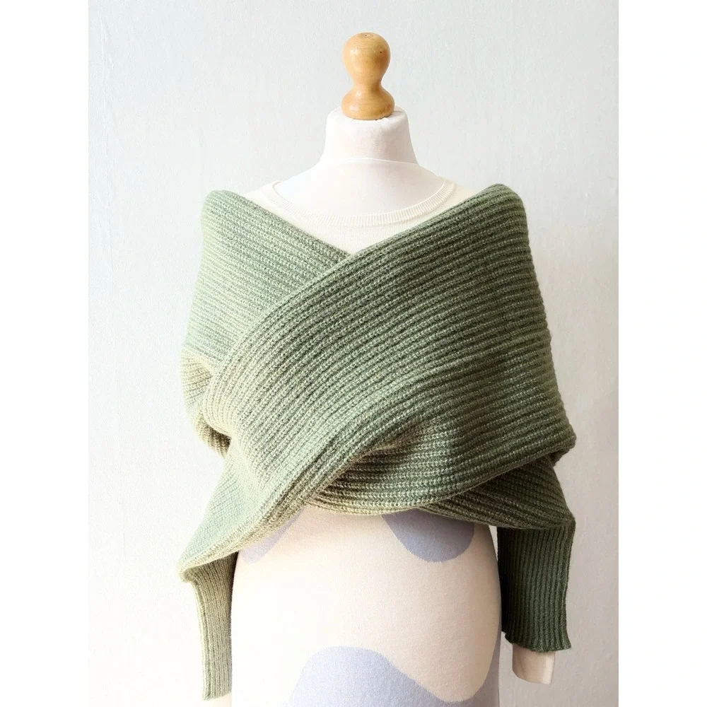 Freya Harper London Ribbed Knit Scarf With Sleeves Wrap Shawl Cardigan Green
